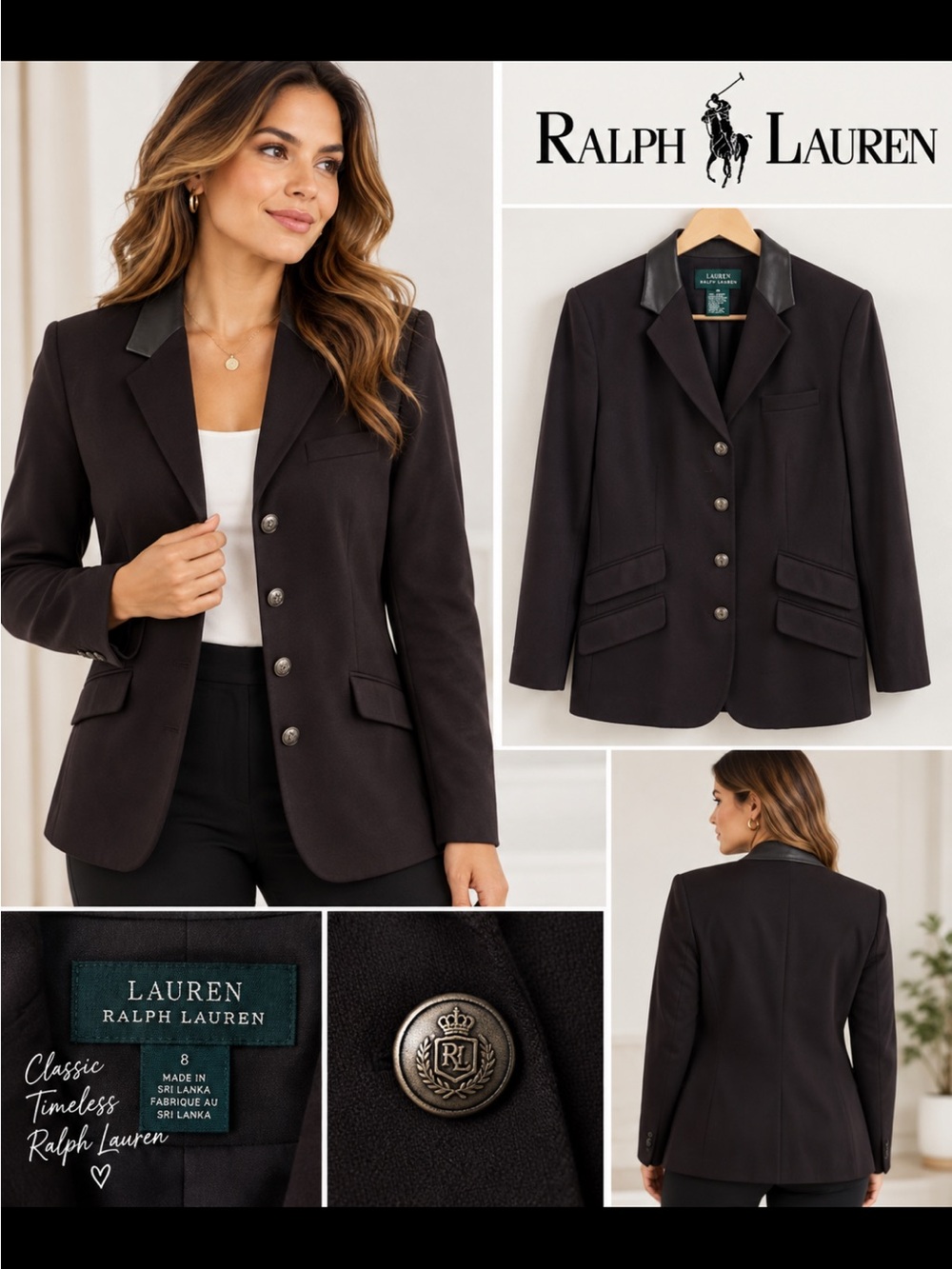 Lauren Ralph Lauren Black Tailored Women's Blazer with Contrast Colla